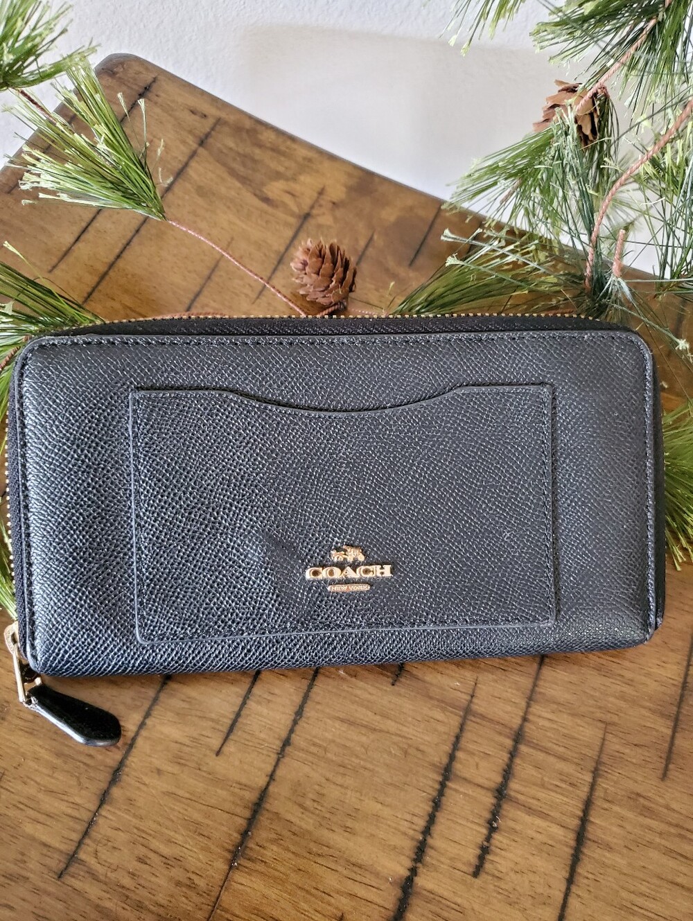 COACH Black Crossgrain Leather Accordion Zip Around Long Wallet Clutches F54007